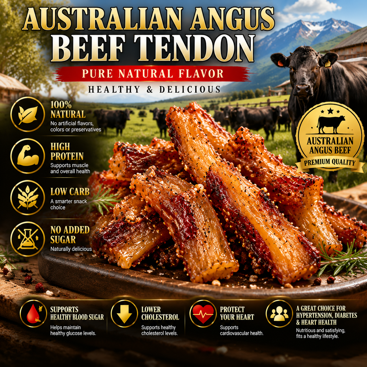 100% Australian Grass-Fed Angus Beef Tendon | Rich Savory Flavor, Thick & Chewy Texture | Protein-Rich Snack | Naturally Delicious-HJY