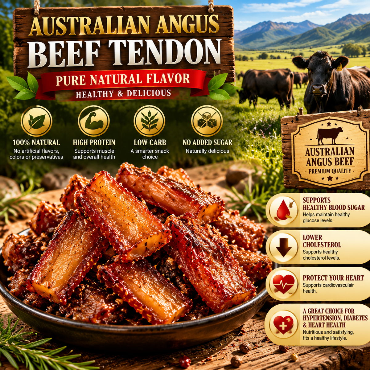 100% Australian Grass-Fed Angus Beef Tendon | Rich Savory Flavor, Thick & Chewy Texture | Protein-Rich Snack | Naturally Delicious-HJY