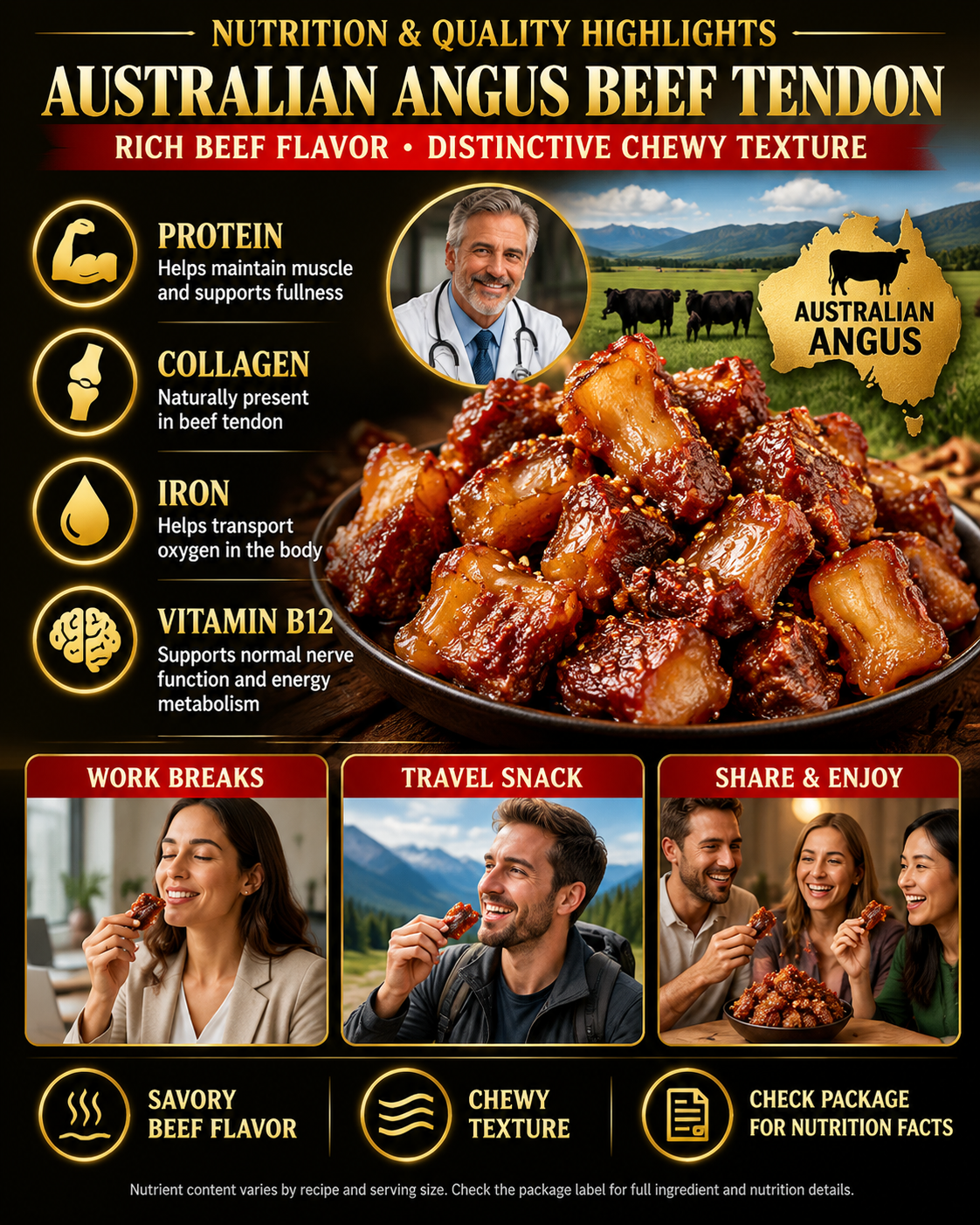 100% Australian Grass-Fed Angus Beef Tendon | Rich Savory Flavor, Thick & Chewy Texture | Protein-Rich Snack | Naturally Delicious-HJY